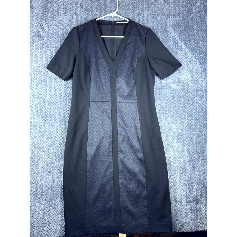 Tahari Sheath Dress Womens 10 Black Short Sleeve Knee-Length V-Neck Back Zip